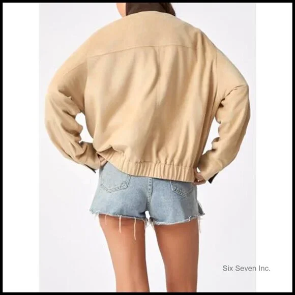 Oversized Faux Suede Bomber Jacket Corduroy Collar Vintage Barn Coat Chic - Picture 6 of 7